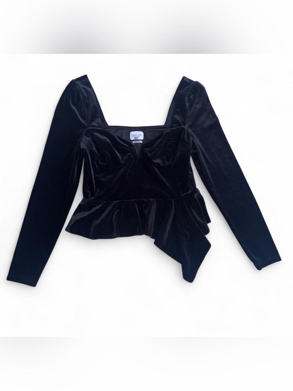SAYLOR Black Velvet Long-Sleeve Asymmetric Peplum Top New Years Winter